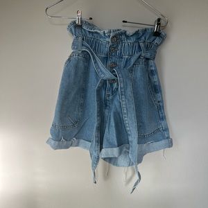 Zara paper bag high waist blue denim shorts 4